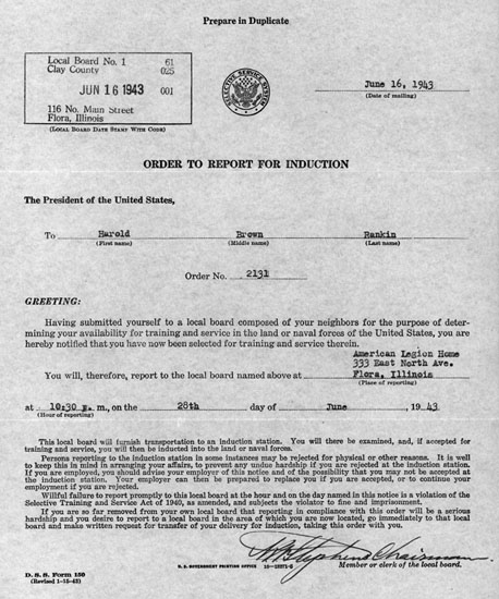 Harold Rankin's Draft Notice