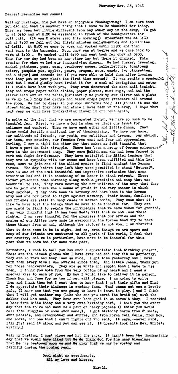 Harold Rankin's Thanksgiving letter