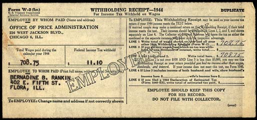 Bernadine Rankin's 1944 W2 showing $11.10 in taxes withheld from $708.75 in wages.